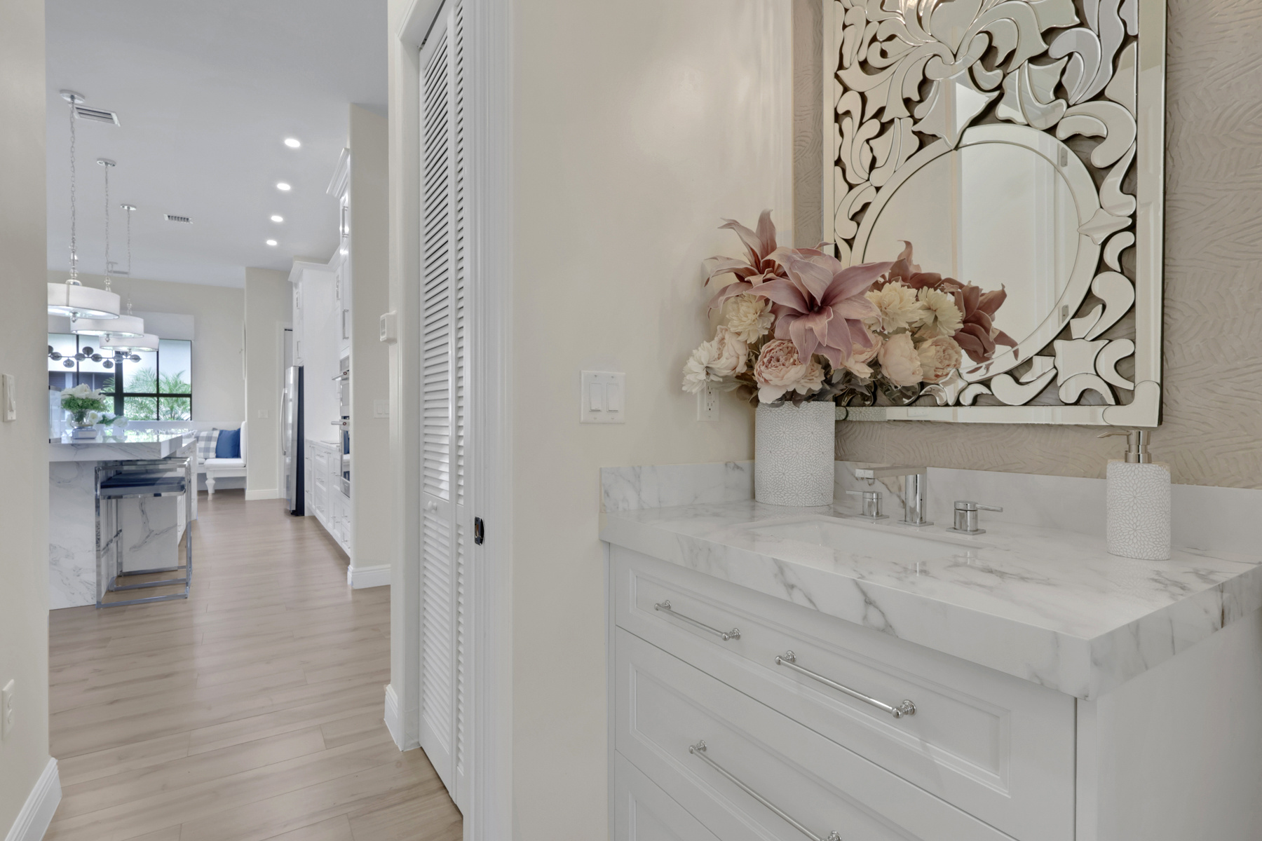full home remodel powder room vanity with marble countertop in naples fl